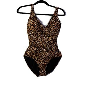 Anne Cole Leopard Print One Piece Swimsuit Women Size 8 Brown Black Ruched